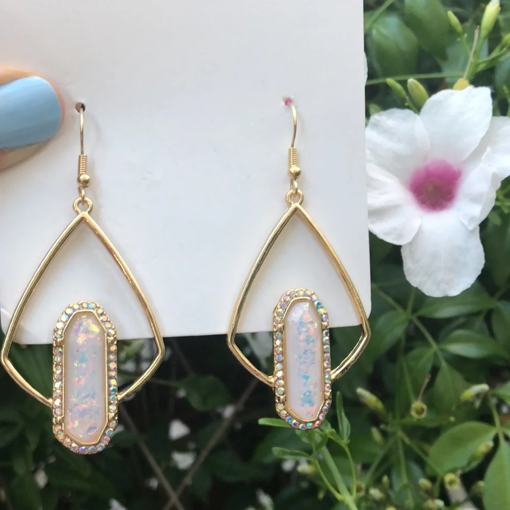 Opal + Aurora Borealis Crystal Halo Boho Gold Geometric Dangle Earrings